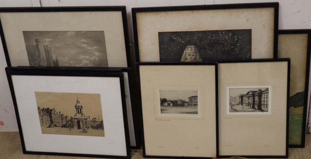 Eight assorted prints including etchings of Trinity College by Rudge